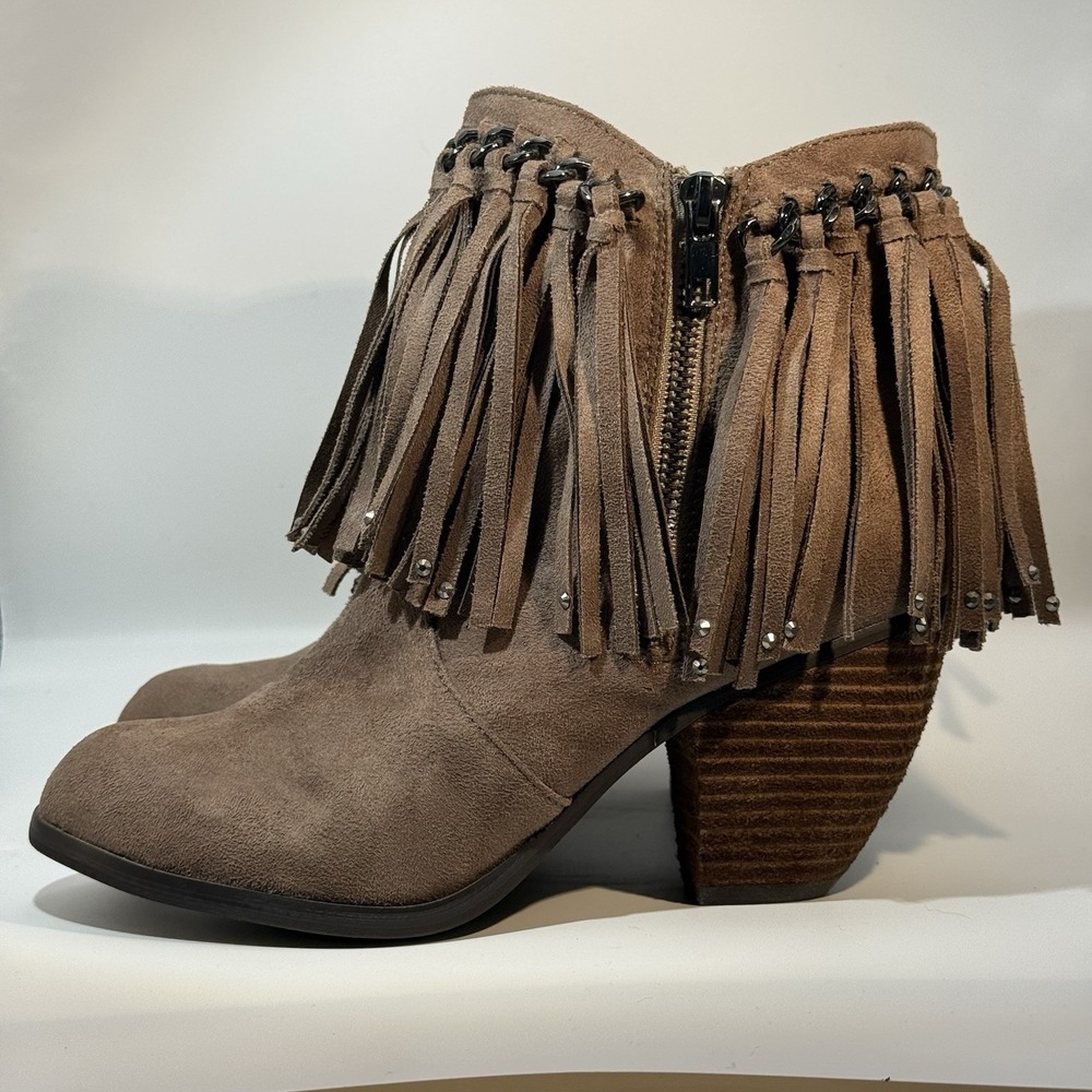 Not Rated Ayita Side Zip Fringe Booties Brown Stacked Heel Women's Size 7